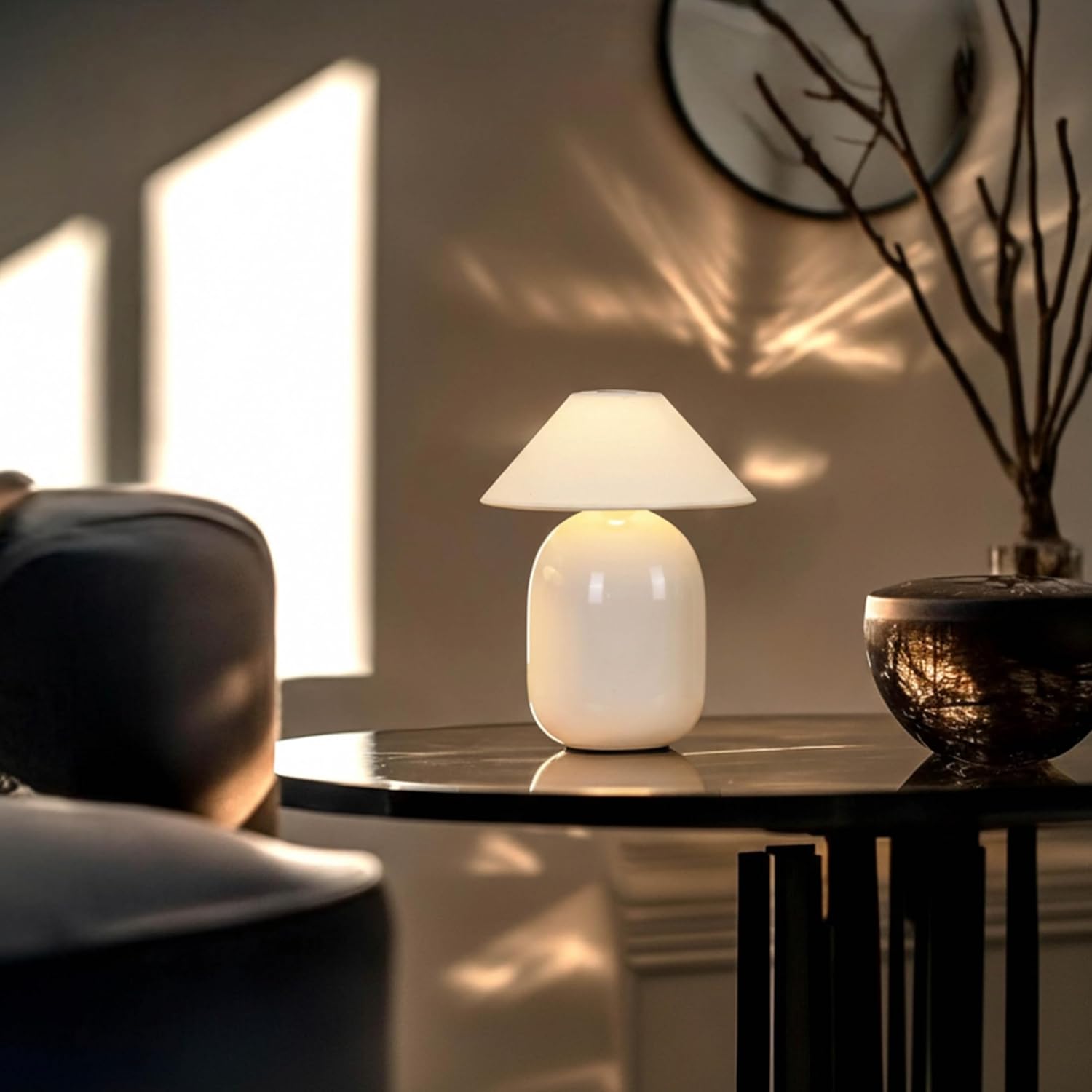 Brightech Ren Cordless Table Lamp - Natural Ceramic Desk Light with Cotton Shade for Bedroom, Living Room, Entryway - Dimmable, Cute Portable Lamp with Touch Switch and Cozy Warm White Light - Cream