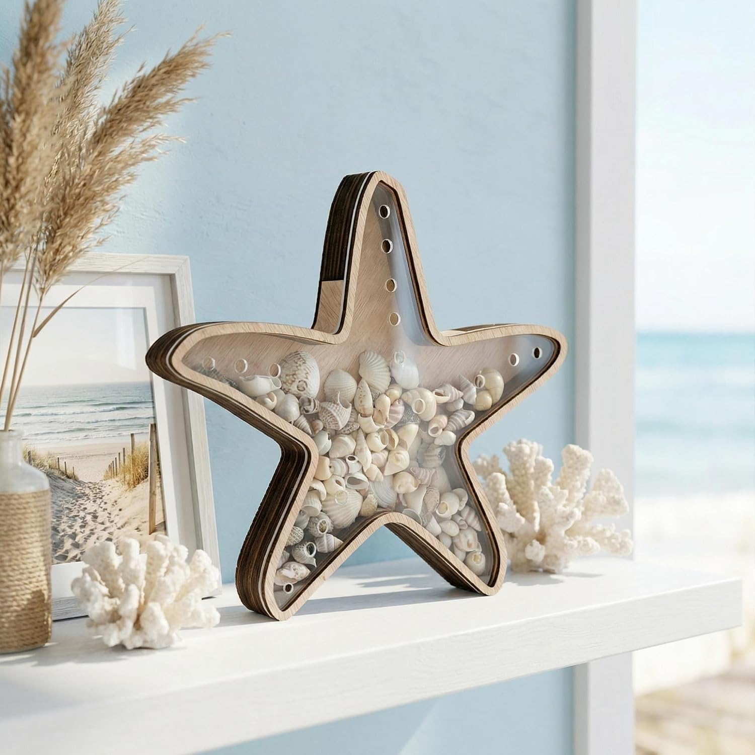 2pcs Starfish Shaped Wooden Storage Decor, Hollow Design for Shells & Small Items, Home Decor
