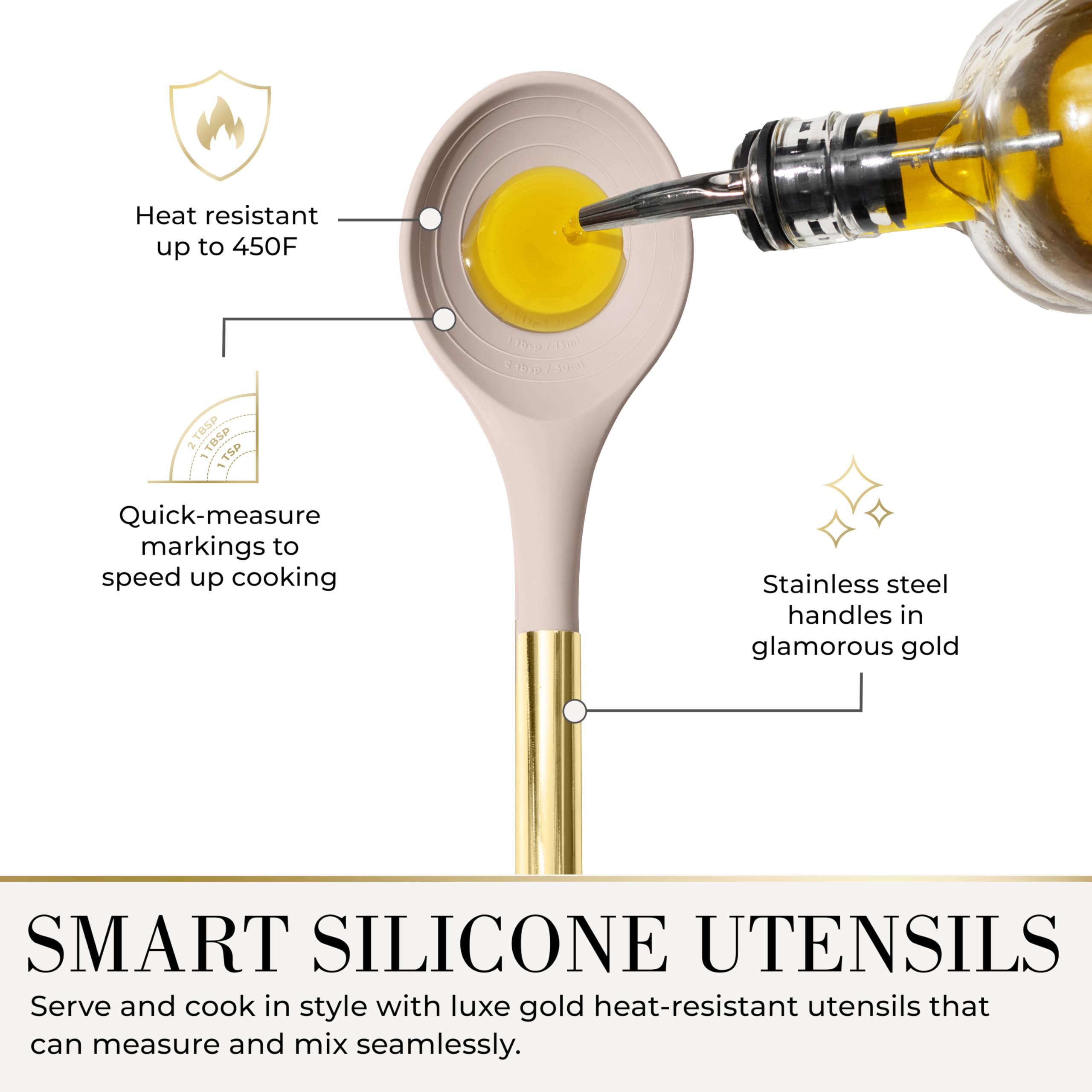 Küchenutensilien-Set, 7-teilig, Beige und Gold, ungiftiges Silikon und Edelstahl, zum Kochen, Servieren und Hosting, ideal für antihaftbeschichtetes Kochgeschirr und moderne Küchen, mit goldfarbenem