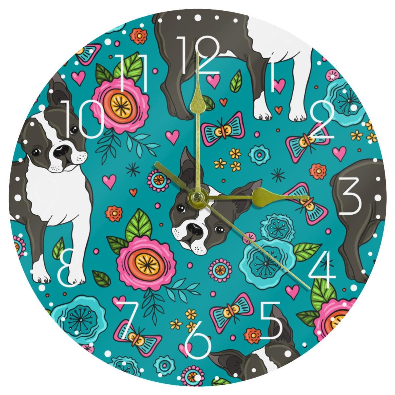 Horloge murale silencieuse cuisine et ferme déco Boston Terrier fleurs