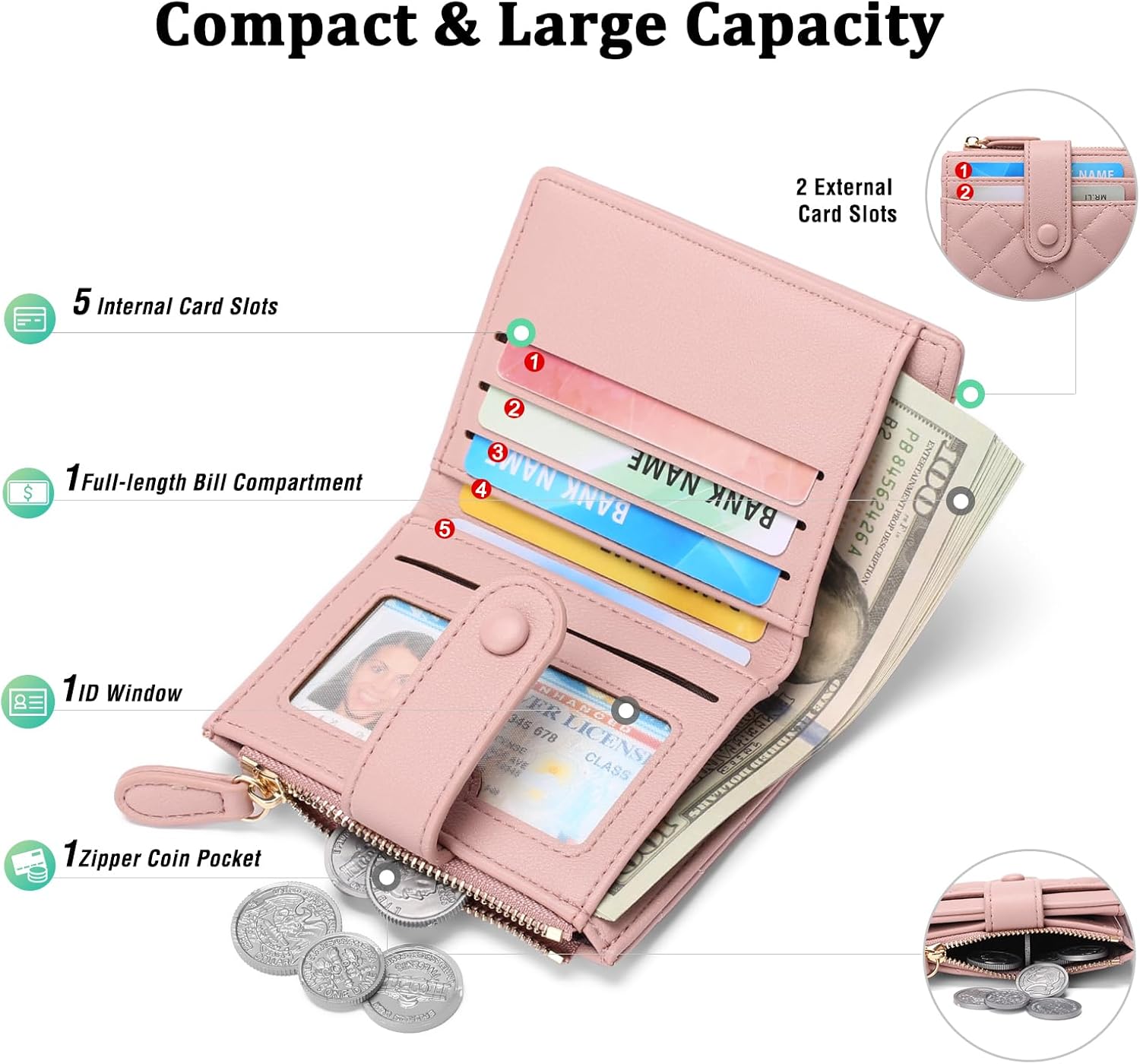 GAEKEAO Small Wallet for Women Slim Bifold Leather RFID Blocking Credit Card Holder Wallets Zipper Pocket Coin Purse with ID Window - Image 2