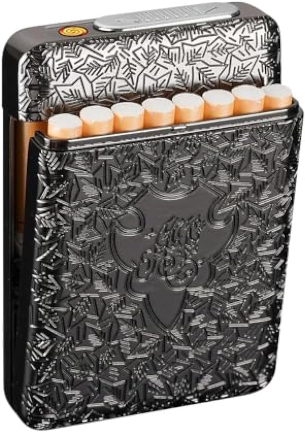 Retro Cigarette Case Lighter, Windproof Tungsten Filament Ignition, Can Hold 16 Cigarettes, Zinc Alloy Body, Relief, Gift, Collection(Black)