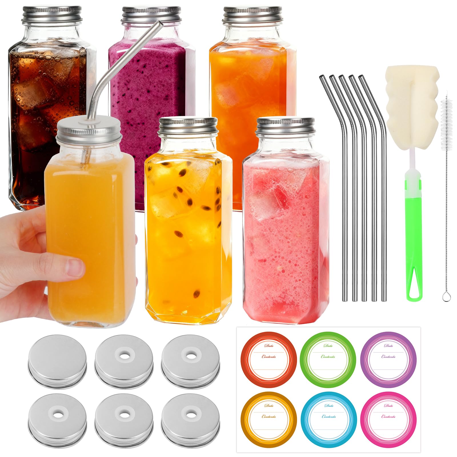8 oz 6 Pack Glass Juice Bottles with Lids, Leakproof Drinking Jars