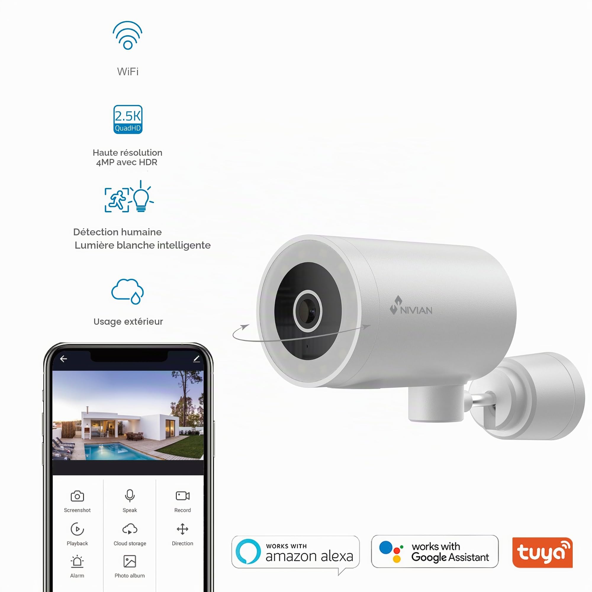 NIVIAN Caméra de Surveillance WiFi Extérieure, 2560x1440 Half4K, Vision Nocturne Couleur, Compatible Alexa et Google Home, Contrôle Via App Tuya (NVS-IPC-0H3-L)