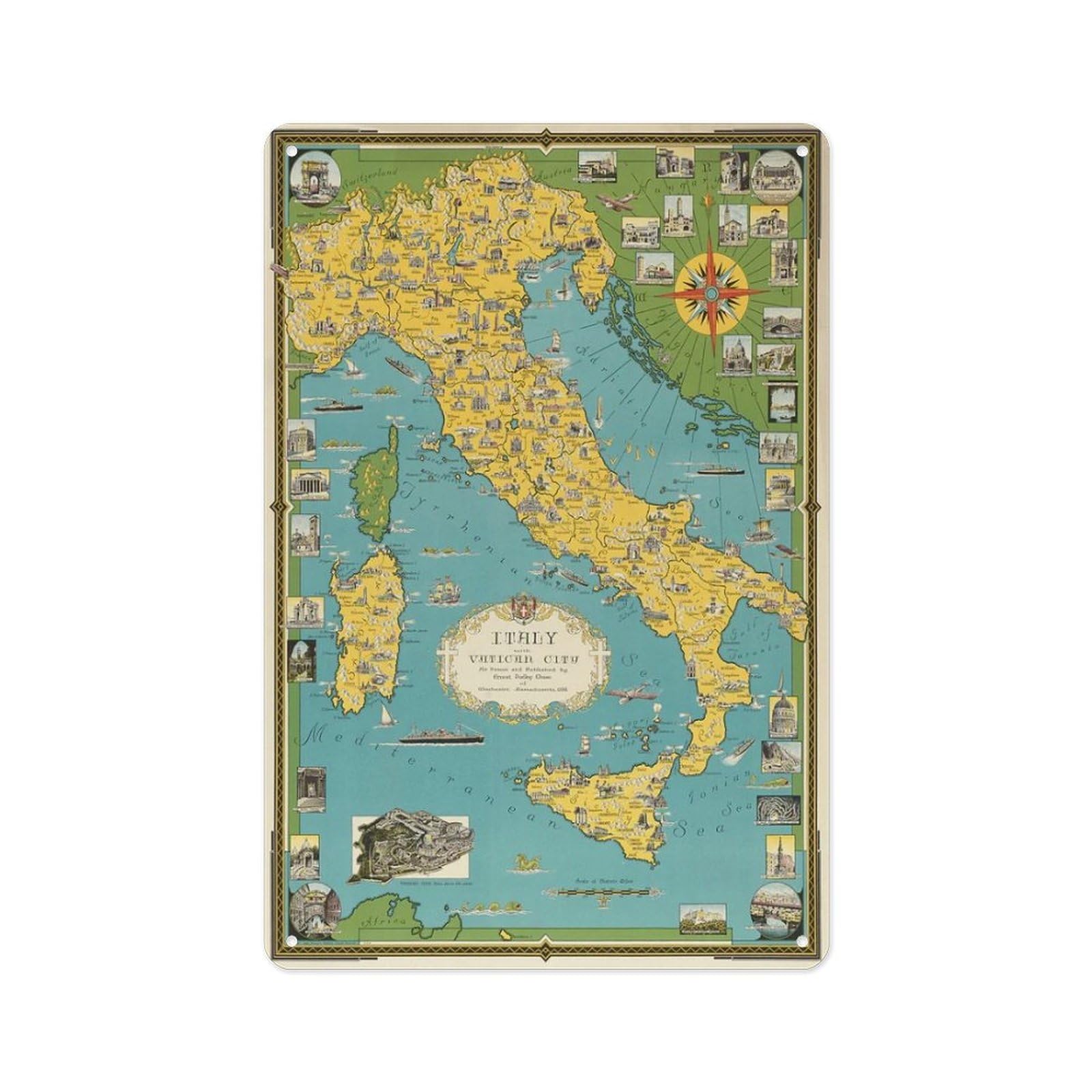peiyeety Metal Tin Sign 8 X 12 Inch - Italy Map - Poster Metal Plaque, For Cafe, Bar, Home Wall Decor