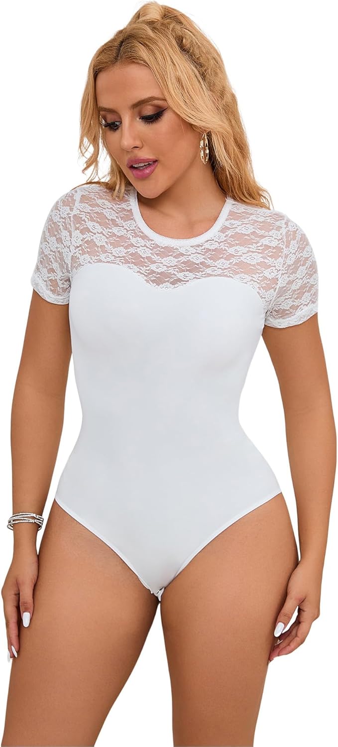 ohyeah Lace Bodysuit Plus Size Short Sleeve Bodysuit Top Floral Crew Neck Basic Leotard X-Large White
