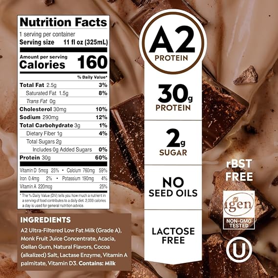 Pioneer Pastures High Protein A2 Milkshakes, Chocolate, 11oz, 12 Pack | A2 Protein Shake, 30g Protein, 2g Sugar, No Artificial Sweeteners, No Seed Oils, Ultra-Filtered, Lactose Free