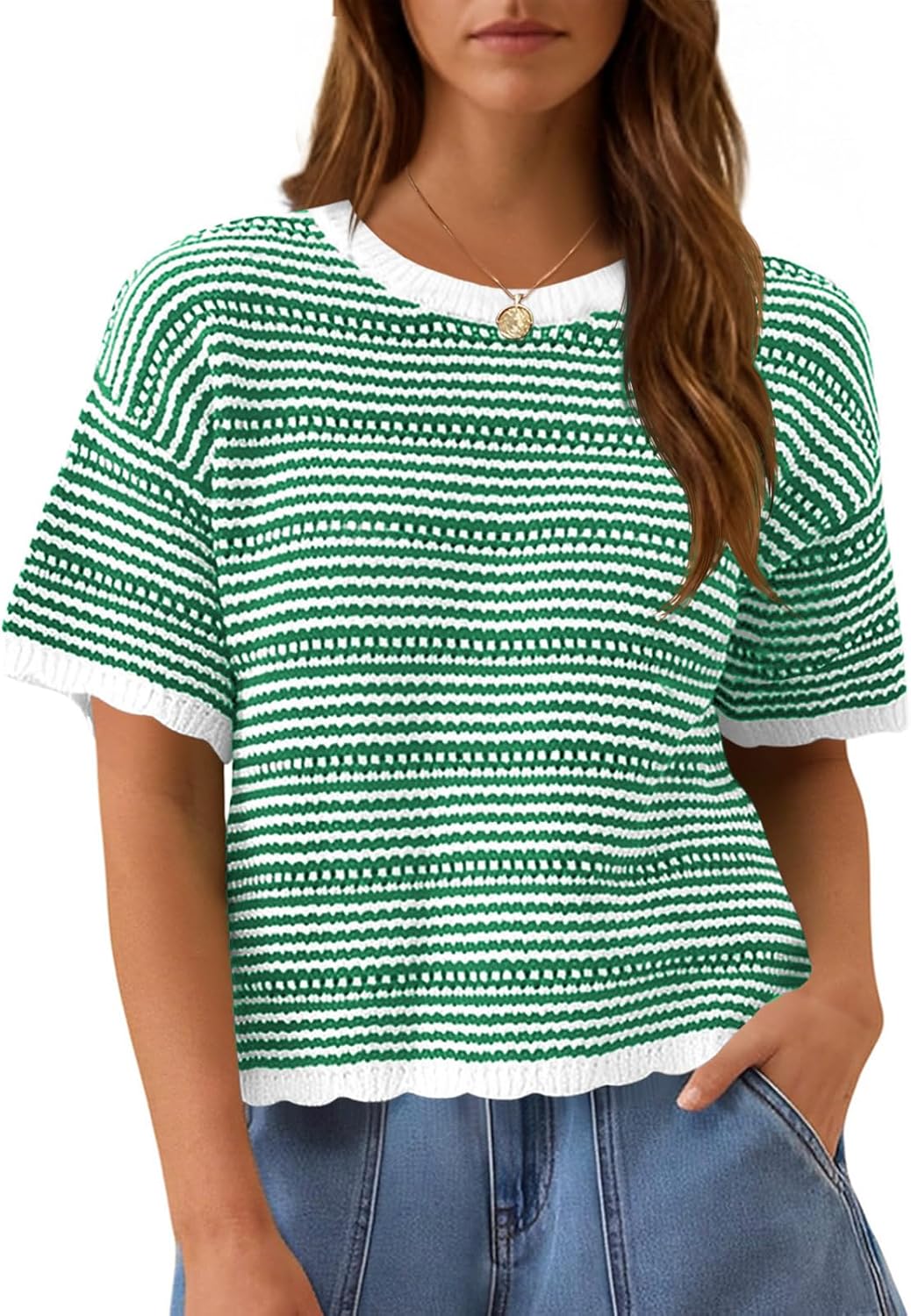 Fisoew Women's Summer Striped Cropped Knit Tops Short Sleeve Crew Neck Casual Sweater Going Out Trendy Pullover Shirts