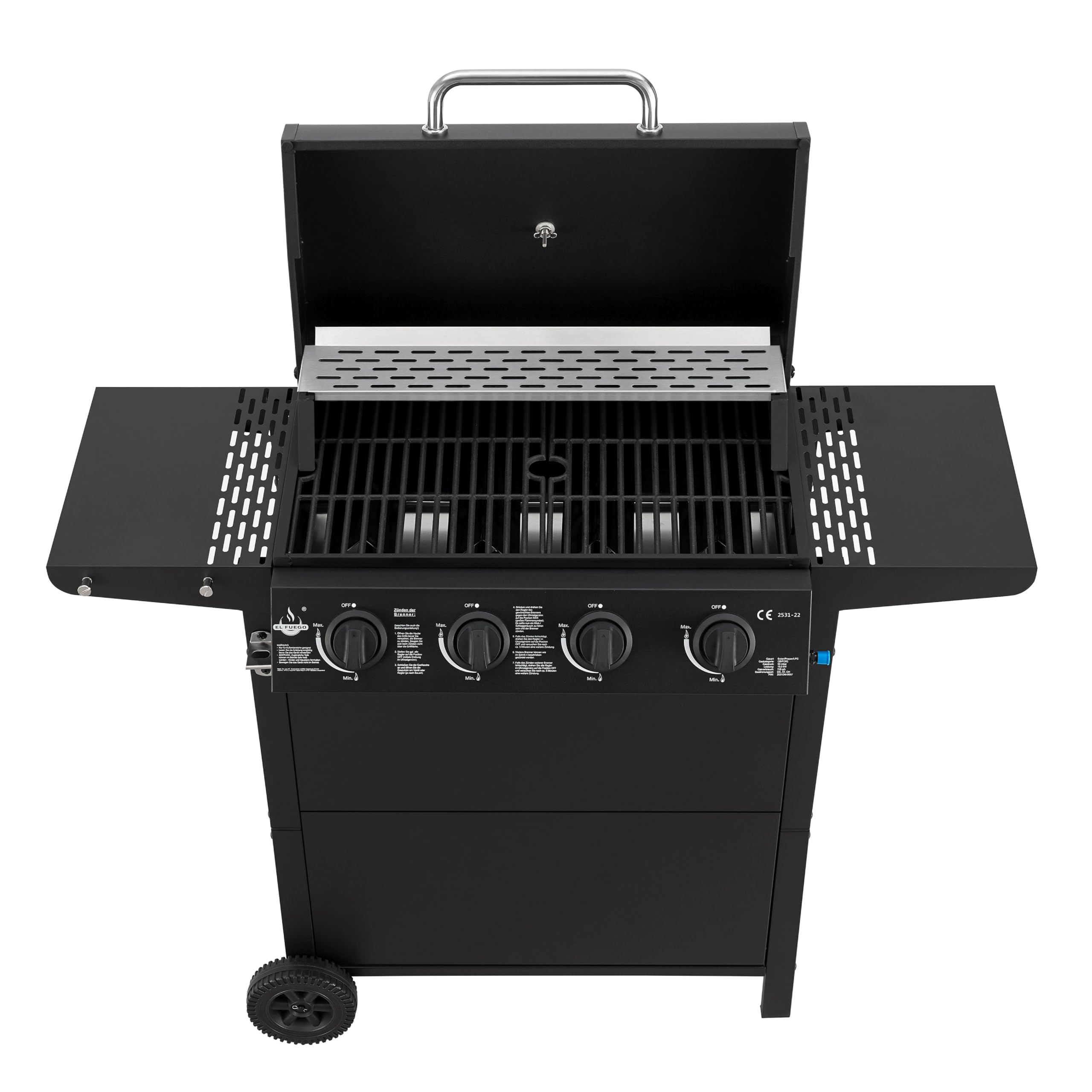 Gasgrill "San Jose 4 Brenner" von El Fuego® | inkl. Gasschlauch und Druckminderer | Grillrost aus Gusseisen | mit Thermometer und großen Seitenablagen | Grill BBQ | AY0206