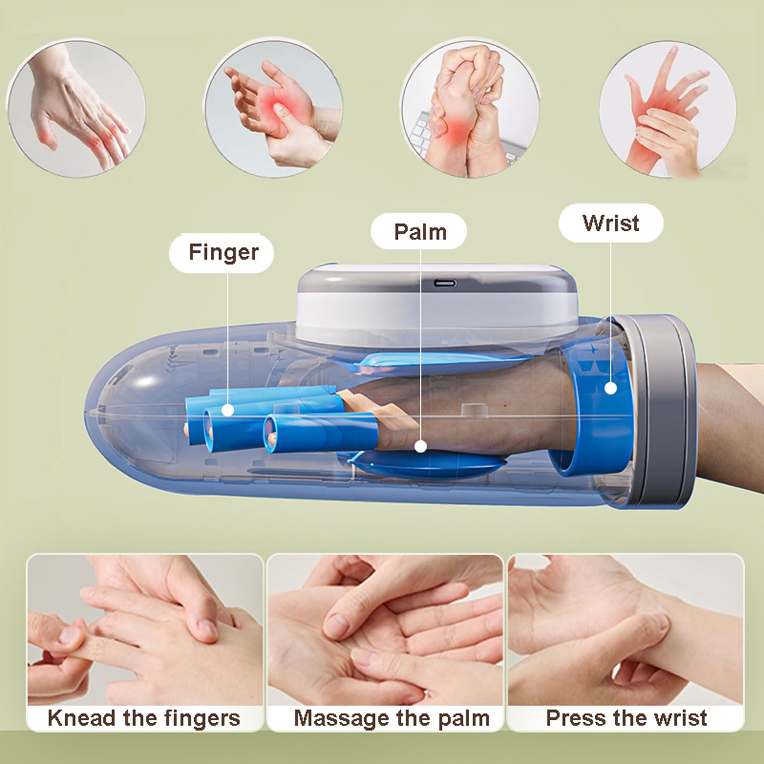 Airbag Massaggiatore A Mano, Massaggiatore A Mano Con Calore E Compressione, Dita Massager, 3 Massaggi Modalità, 3 Temperature, 5 Livelli, Timer Automatico, Per Artrite Sollievo Dal Dolore