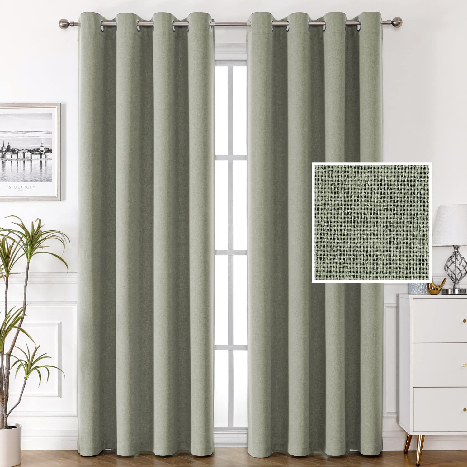 100% Blackout Linen Curtains 84 inches Long Thermal Curtains for Living Room Textured Burlap Curtains with Double Face Linen Grommet Soundproof Bedroom Curtains 52 x 84 Inch, 2 Panels - Sage
