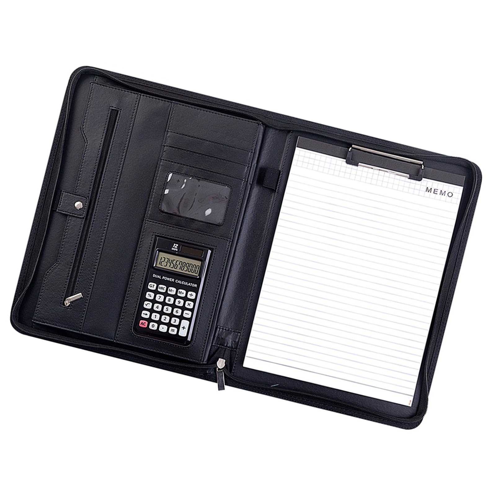 Carpeta de conferencias de negocios con calculadora de 12 dígitos y blocs de notas, funda de piel con cremallera, organizador de archivos, portapapeles con cremallera