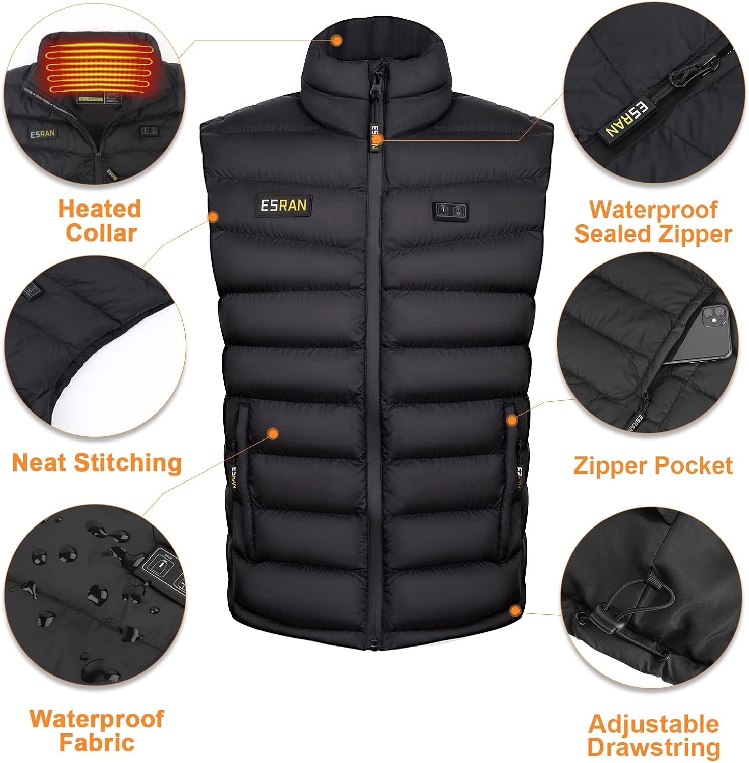 Miniatura 3 de Esran Chaleco térmico ligero para hombres y mujeres con batería recargable eléctrica con batería incluida Negro -