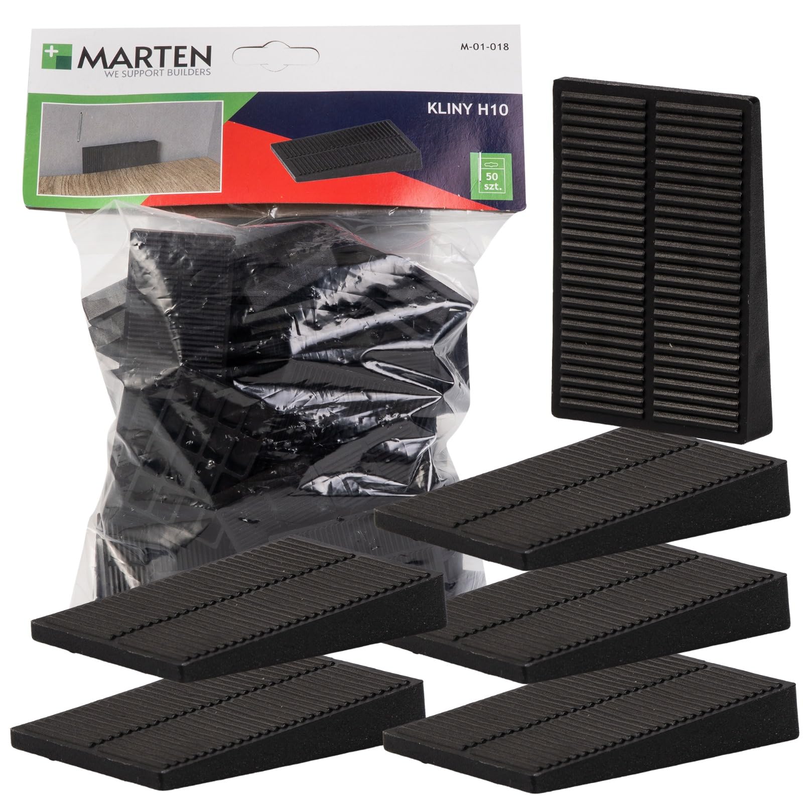 MARTEN Cunei di montaggio in plastica – Cunei universali per allineare e fissare con precisione porte, finestre e listelli del tetto, 50 pezzi, nero, altezza 10 mm, lunghezza 58 mm, larghezza 38 mm