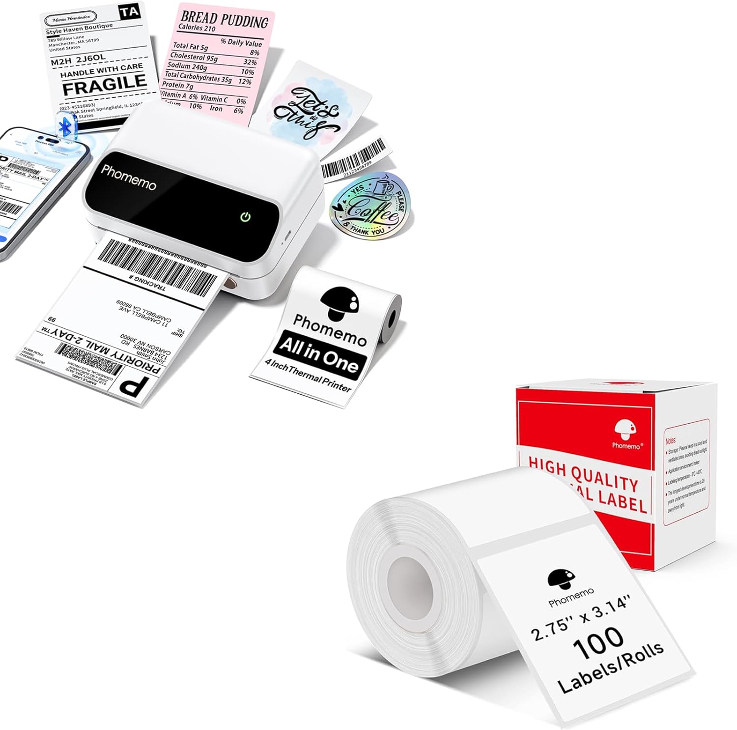 Phomemo Portable 4 Inch Thermal Label Printer with 2.75''x3.14''(70x80mm) Thermal Label for Barcode/Address/Mailing/Logo/Business/Home Tag