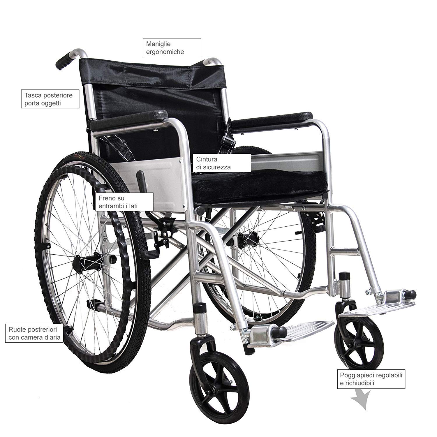 Sedia a Rotelle Pieghevole Leggera ad Autospinta Carrozzina per Disabili ed Anziani con Braccioli e Poggiapiedi Estraibili Cintura di Sicurezza 85 x 69 x 91 cm Nero