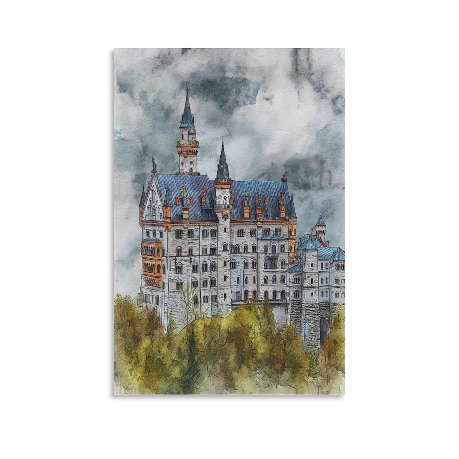 Cnaheiz Unframe-Style Schwangau Neuschwanstein 24X36inch(60X90cm) Vintage Travel Poster Watercolor Canvas Art