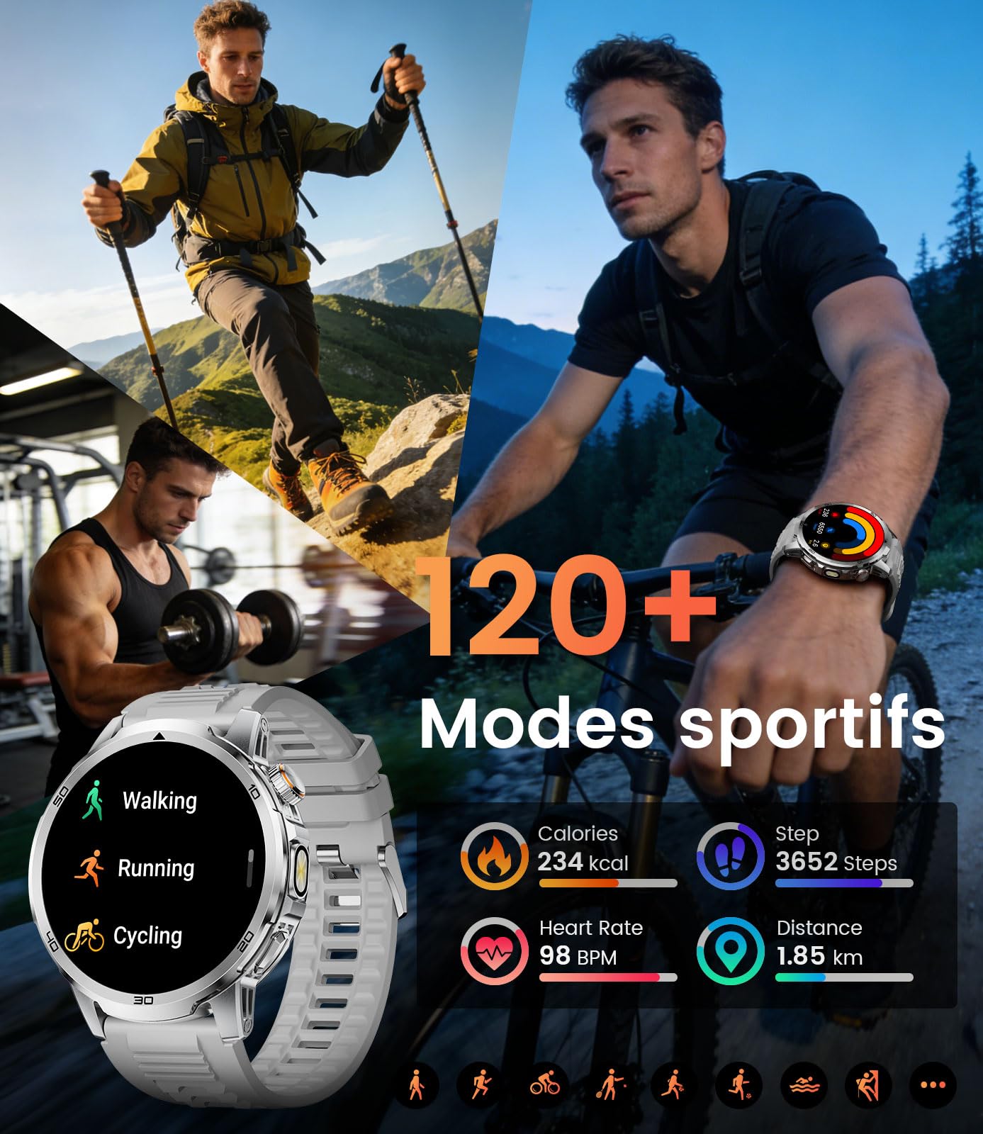 FITFLEX Montre Connectée Homme Appels Bluetooth, Batterie 1000mAh Smart Watch avec 1,85" HD écran, 120+Modes Sportifs, Lampe de Poche, Analyse de la Fréquence Cardiaque et du Sommeil,iOS Android