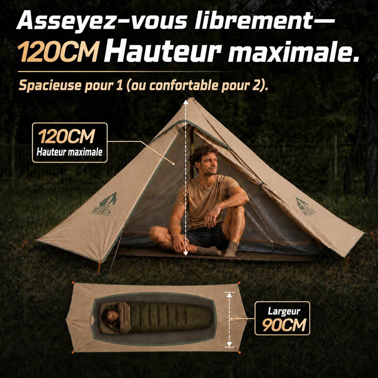 Tente Camping randonnée Ultra-légère 1 Personne, 3 Saisons | 1kg, sans arceau compatible bâtons. Rangement 29×12×12cm, montage rapide. Spacieux, 20D silicone, PU3000, renforts
