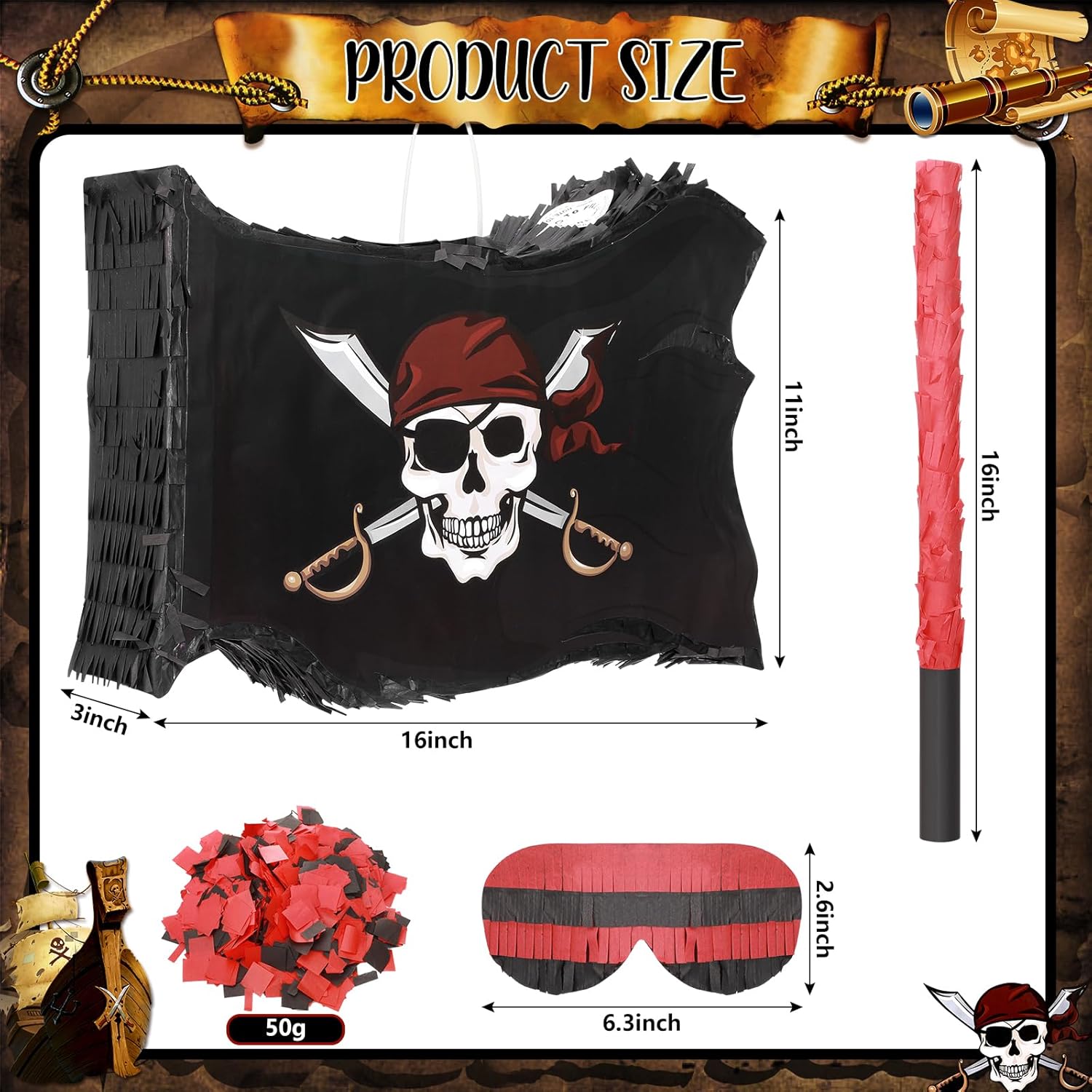 Pirate Piñata Kit Skull Flag Piñata and Black Red Plastic Stick and Confetti Blindfold for Kids Pirate Theme Birthday Halloween Party Decoration Supplies, 16 x 11 x 3 Inch