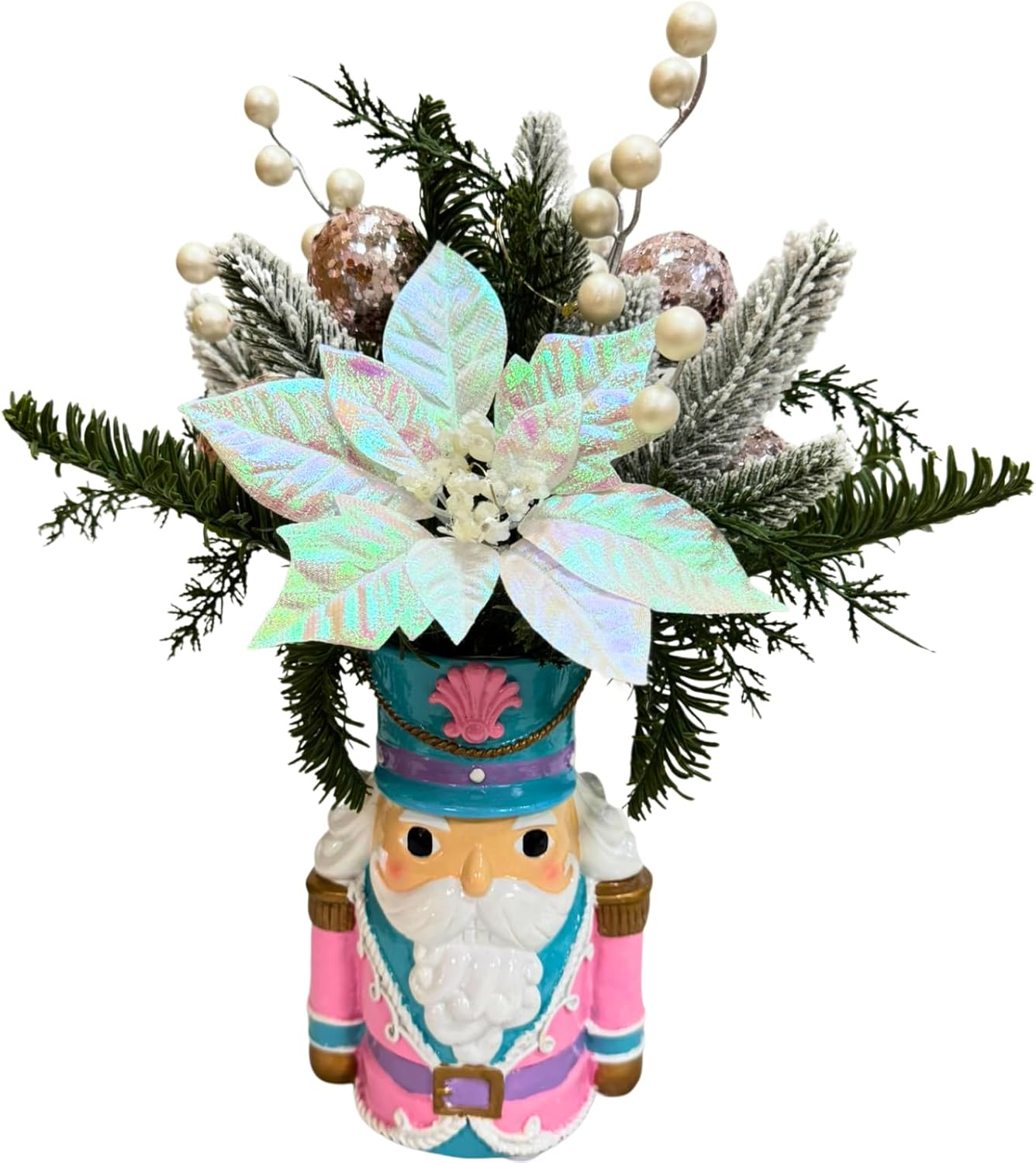 Lighted Christmas Nutcracker Resin Nutcracker Soldiers Doll 16 Inch Pink Nutcracker Figures with Timer Christmas Poinsettia Pine Needles and White Berries for Holiday Party Tabletop Xmas Decor
