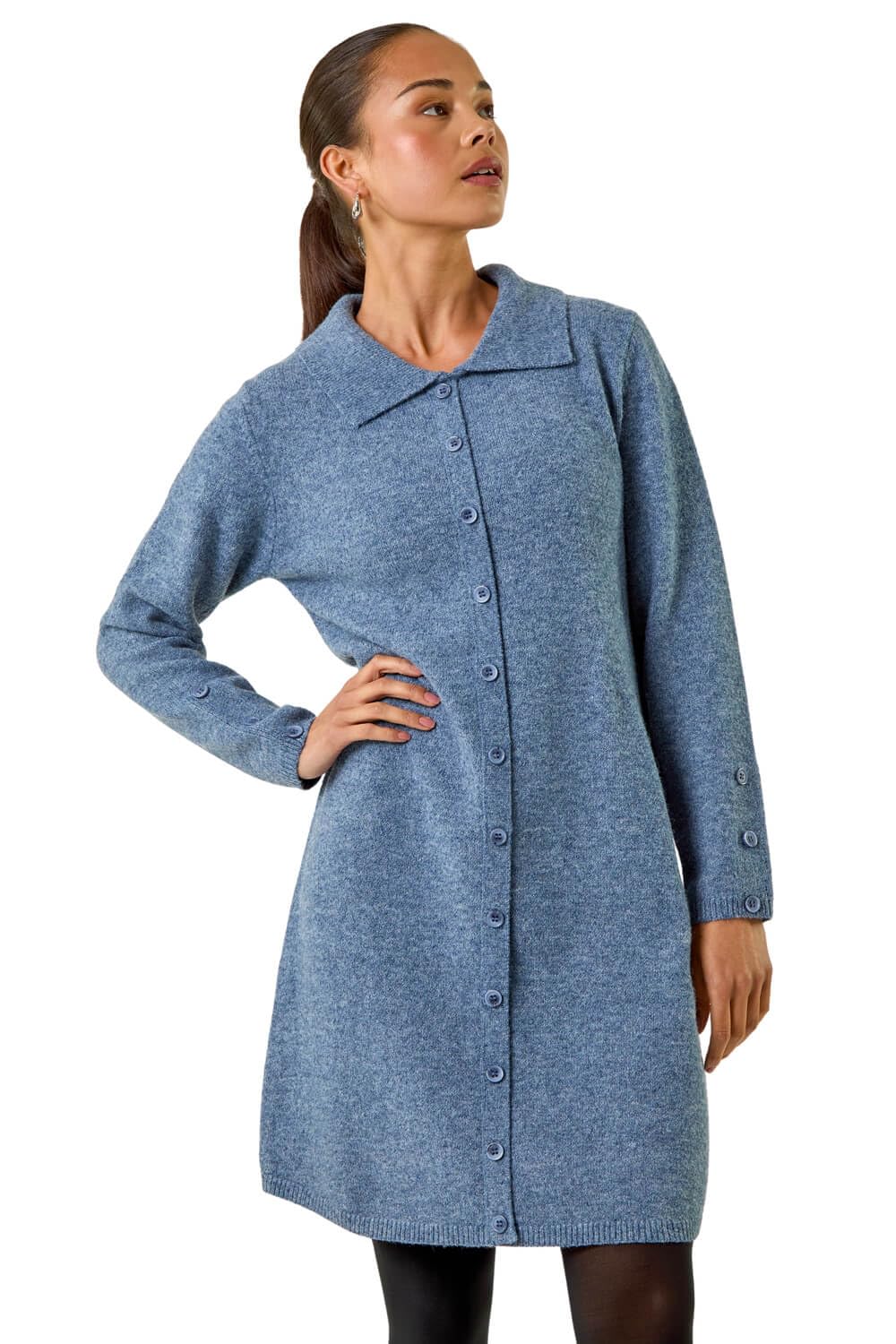 Roman Women's Petite Collared Knit Shift Dress in Blue | Size: 14