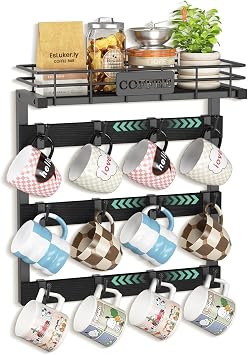 EsLuker.ly Coffee Mug Holder Wall Mounted Display Rack, Metal Cup Hanger Organizer with 12 Movable Plastic Hooks, Wood Rustic Shelf for Coffee Bar Home Kitchen, Black+Black