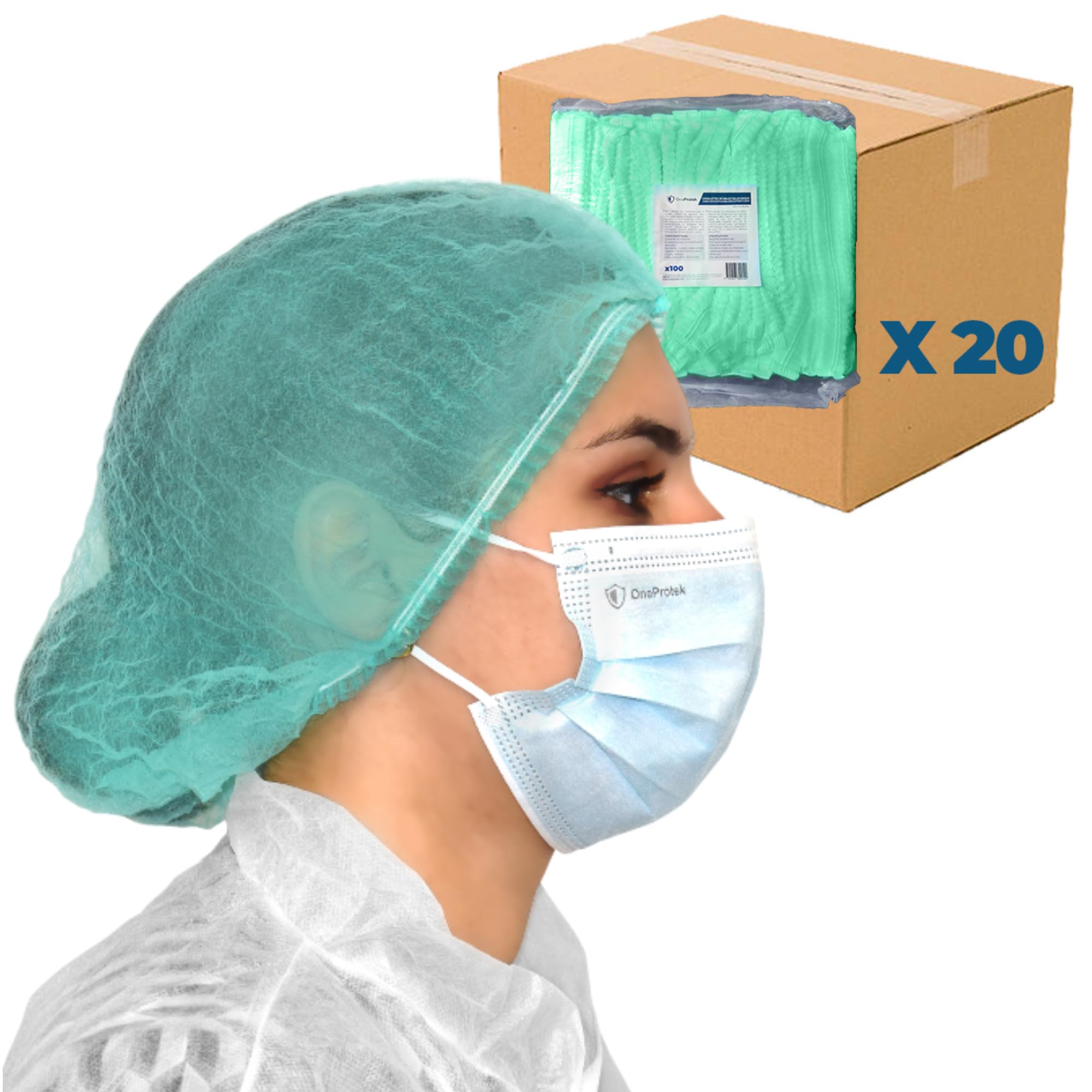 Charlotte cheveux jetable - 2000 charlottes jetables OneProtek (Vert) - Pour usage Alimentaire Restauration et Médical, 53 cm, Respirantes et Résistantes pour un confort longue durée