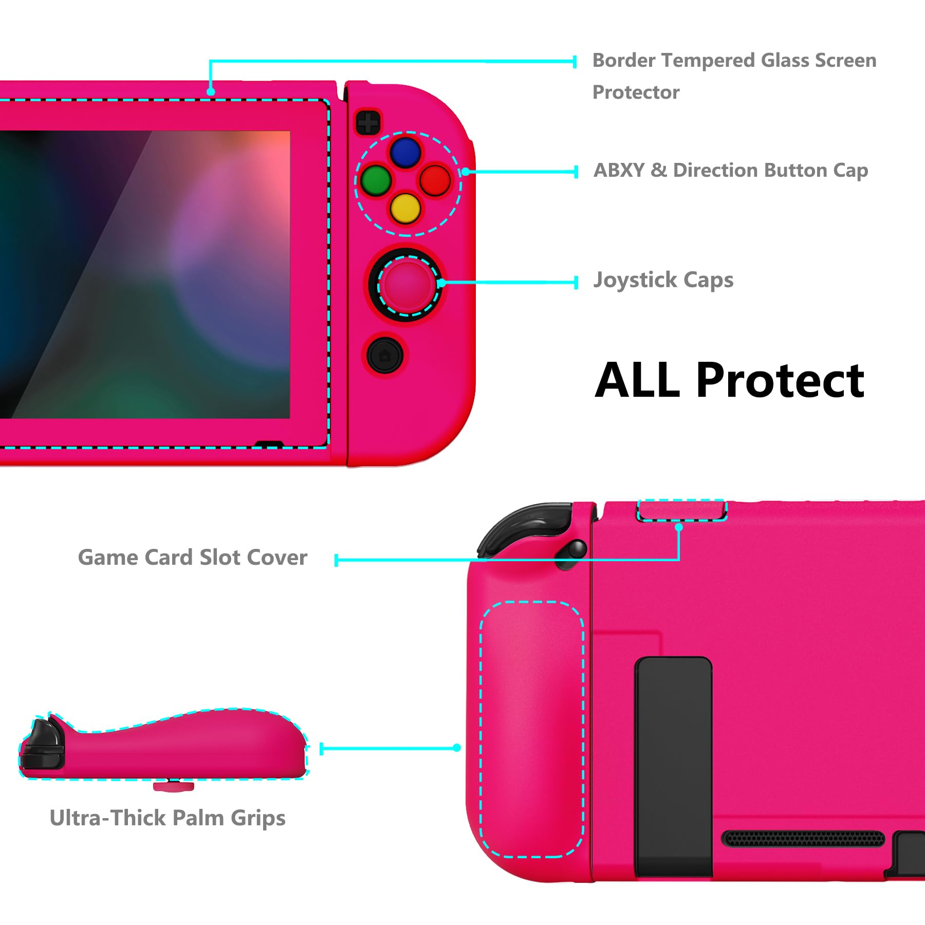 PlayVital Coque pour Switch Protection,Joycon Cover avec Capuchon pour Nintendo Switch et Protecteur d'Écran & ZealProtect Boutons-Rose Brillant