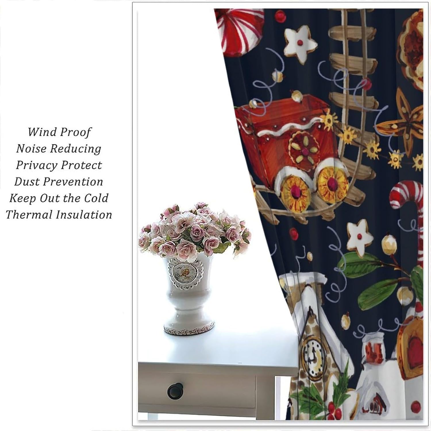 Cartoon Dessert Candy Curtains,Christmas Delicious Dessert Train Christmas Biscuit Celebration Theme Printed Rod Pocket Window Drapes for Girls Kids Living Room Bedroom 63" W X 72" L