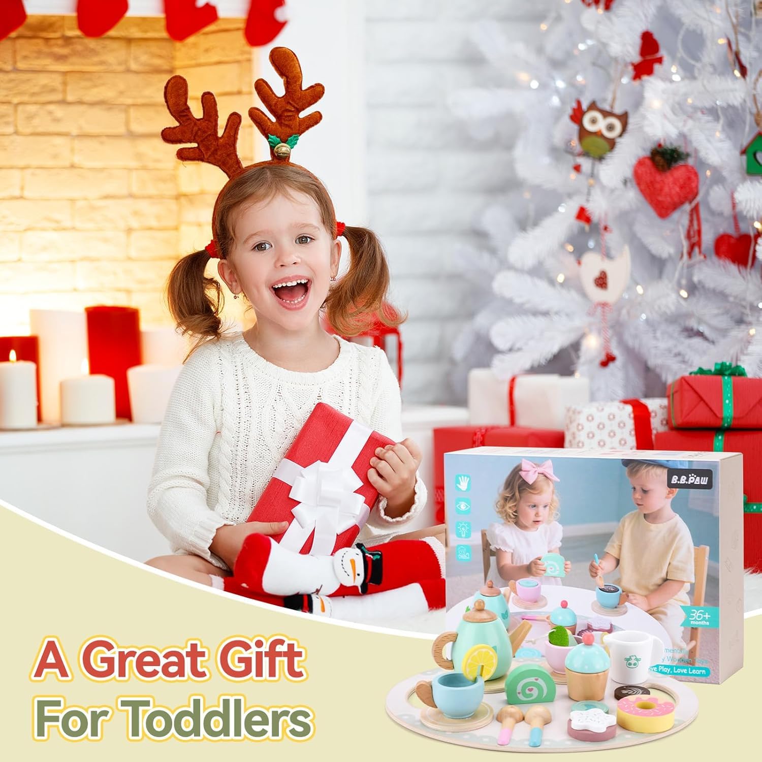 Teeservice Kinder Holz,Teeservice Kinderküche Zubehör,Holzspielzeug Küchenzubehör mit Teekanne,Tassen,Dessert-Spielzeug,Löffeln & Zubehör,Holzspielzeug Geschenk für Mädchen Jungen ab 3 Jahre