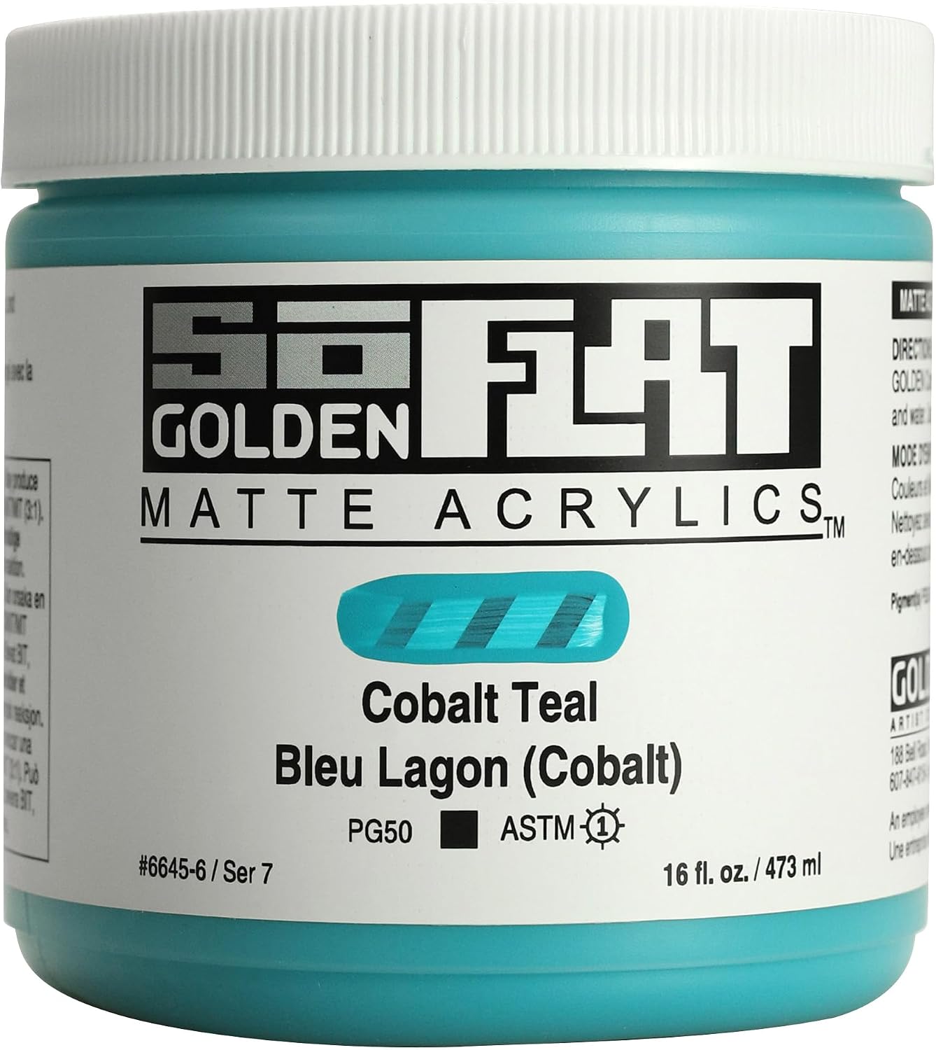 GOLDEN SoFlat Matte Acrylics, Cobalt Teal, 16 fl. oz. Jar, Professional Acrylic Paint, Opaque