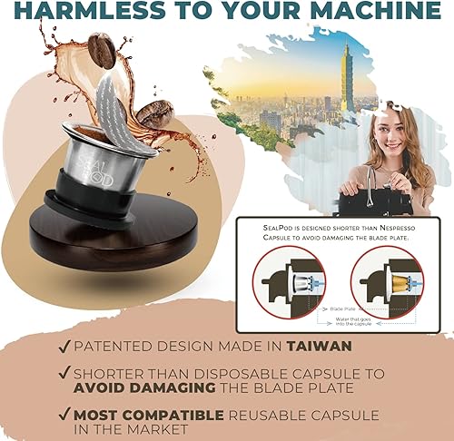 Miniatura 2 de Seal Pod - Cápsula reutilizable, recargable, compatible con máquina Original Line de Nespresso, acero inoxidable resistente, viene con tapas nuevas