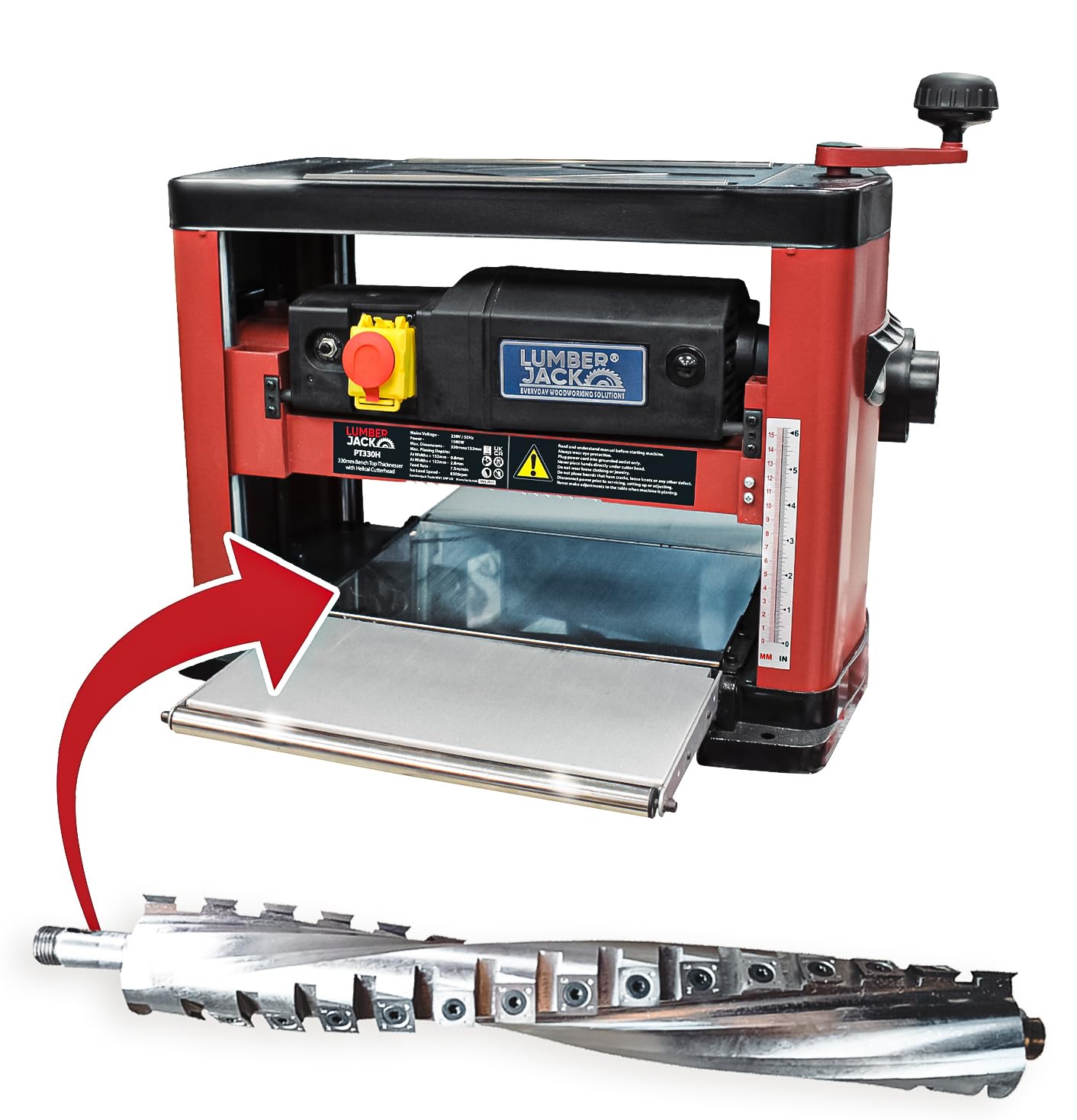 Lumber Jack Red Pt330h Thicknesser With Helical Cutter Spiral Head, 1500W Motor, Portable Bench Top Woodworking Machine, 330Mm X 152Mm Planing Capacity From The Pro Series