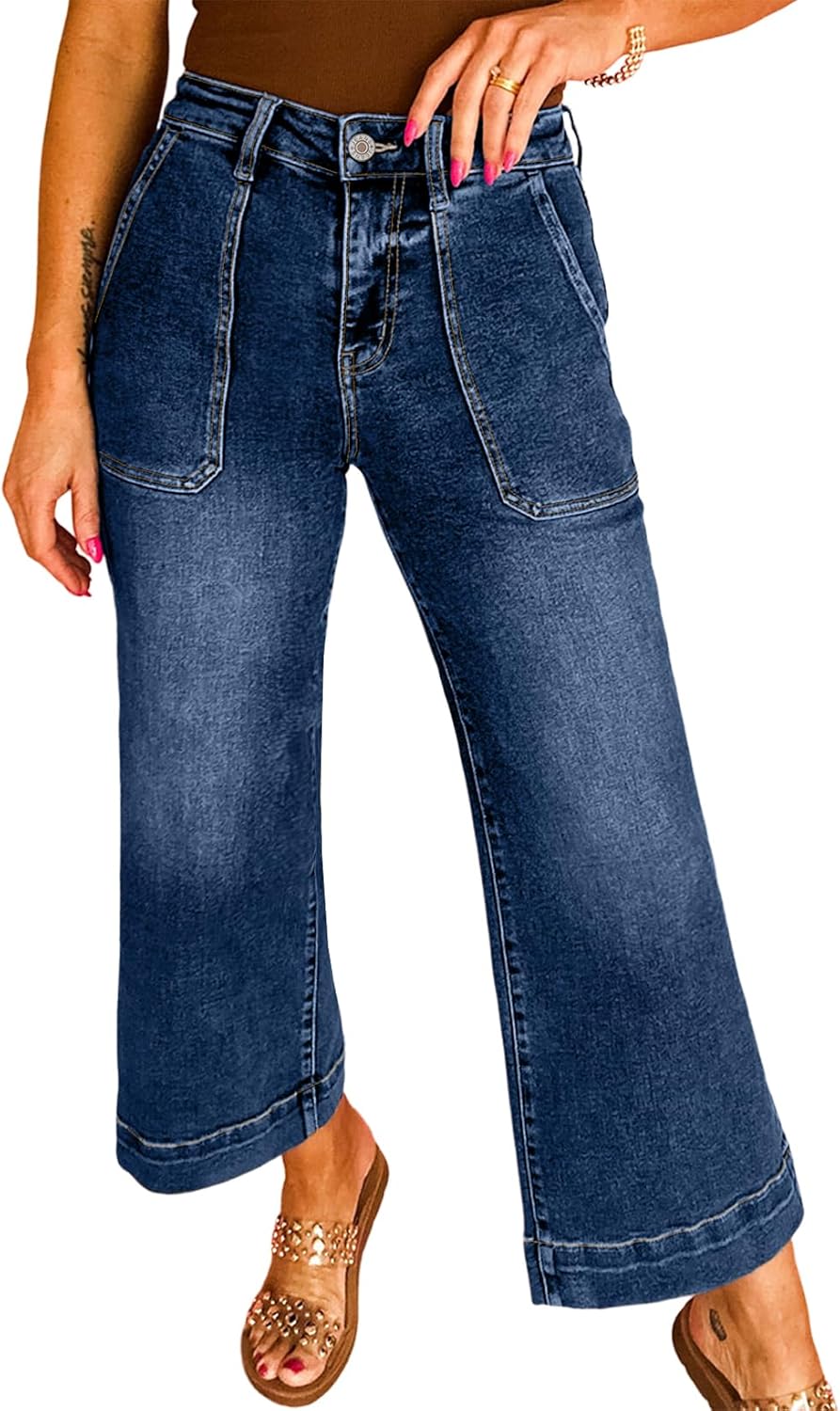 Astylish Women's 2026 Stretchy Wide Leg High Waisted Jeans Tummy Control Casual Cropped Ankle Denim Pants