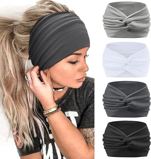 Bandeau Cheveux Femme Extra Large 4 Pcs - Serre Tête Yoga Sport Multicolore Gris