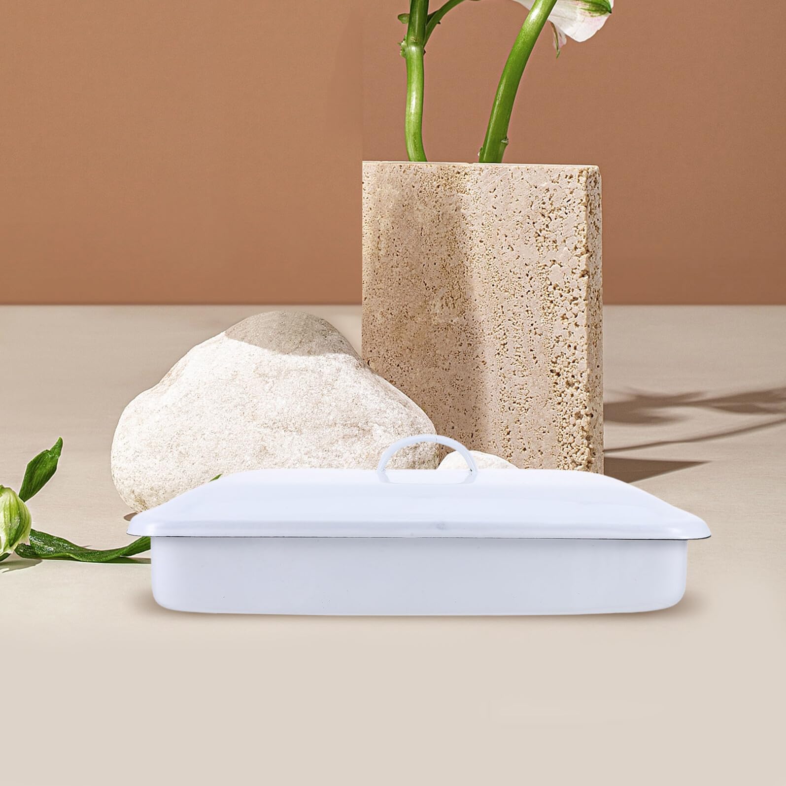 SHINEOFI Plateau de Laboratoire Rectangulaire Blanc 30X20X5 CM en Émail Épais avec Couvercle Hermétique – Bac de et Rangement pour Instruments Usage Médical et Scientifique