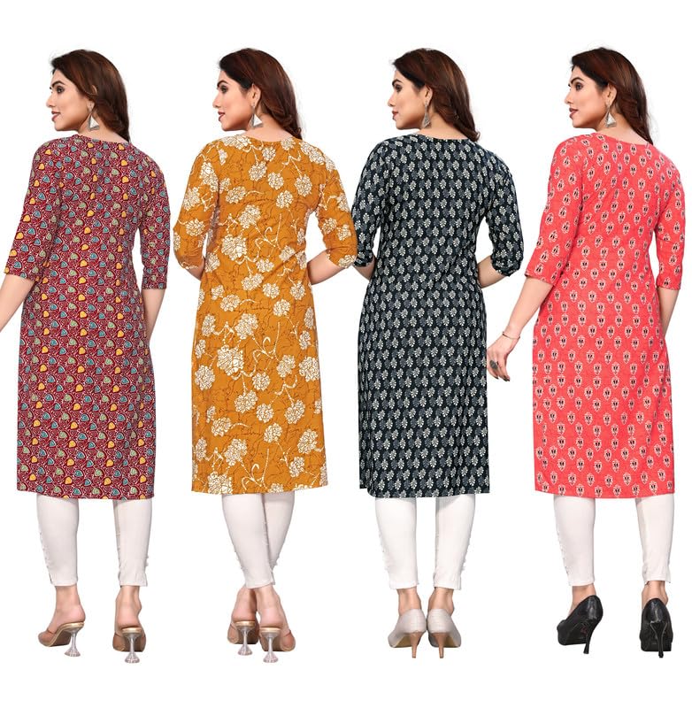 Image of JAKHANA Women's Crepe Printed Casual Straight Calf Length Round Nick Kurta Pack of 4