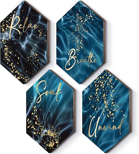 Sintuff 4 piezas de decoración de pared de baño de estilo mármol, arte de pared de granja, color azul, negro y dorado, decoración de baño de panal,