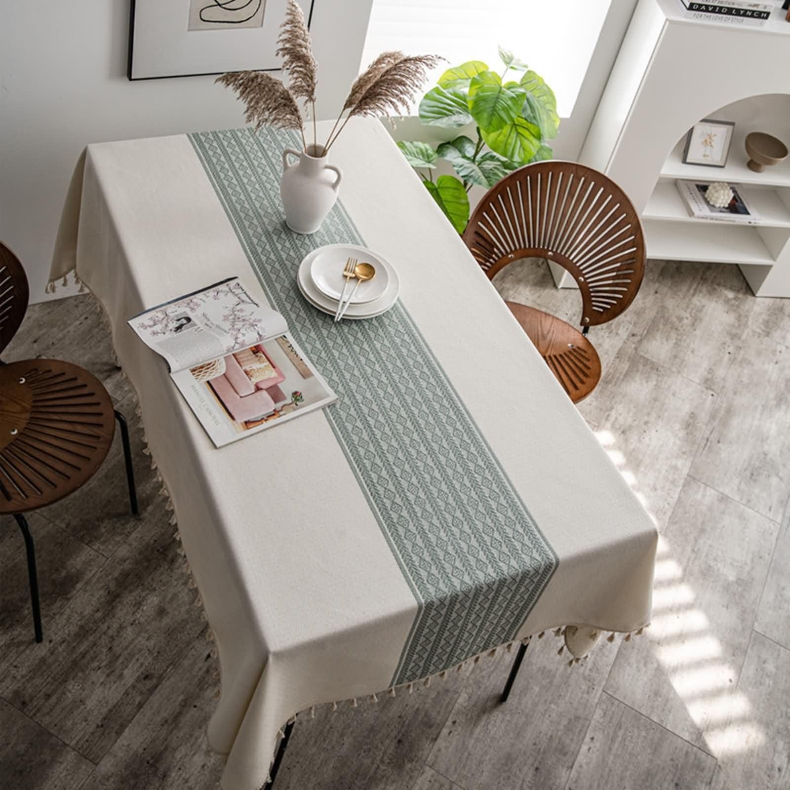 Mantel Boda Mesa Rectángulo 140 W x 260 L CM,Mantel para Mesa de Centro Salon Blanco Bordado de Geométrico con Borlas Poliéster Manteles de Mesa Modernos