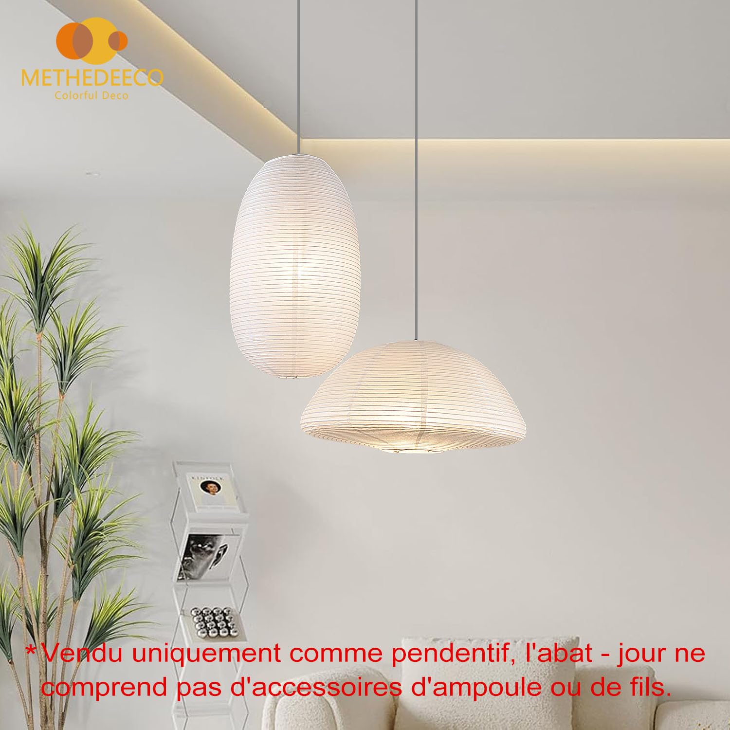 METHEDEECO Lot de 2 Abat-jours Suspension en Papier Blanc | 1 Ovale 53 x 31 cm + 1 Demi-Sphère 49 x 23 cm, Style Bohème Japandi Minimaliste, Lumière Douce