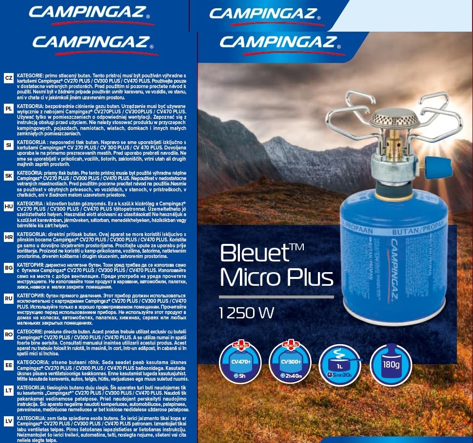 FORNELLO A Gas da Campeggio BLEUET Micro Plus + 2 CARTUCCE A Gas CV 470 con Sistema Removibile