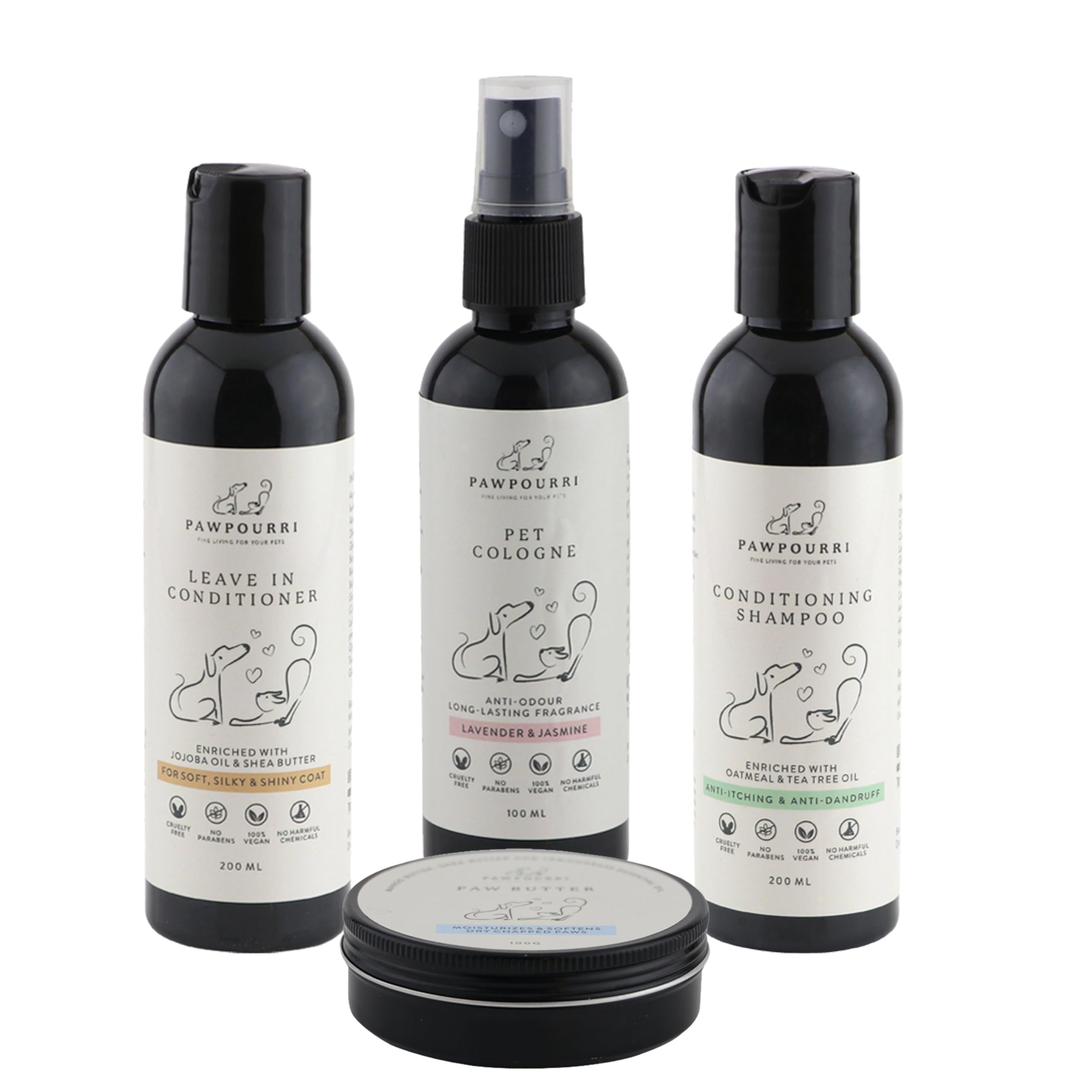 Pet Grooming Kit for Dogs, Puppies & Cats | Natural Shampoo, Conditioner, Paw Butter & Cologne | 200 ml Shampoo & Conditioner | 100 ml Paw Butter & Cologne | Safe for Sensitive Skin & Allergies.
