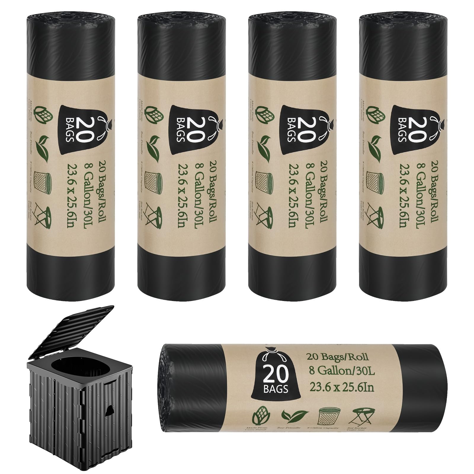 Camping Toilet Bags, 100 PCS (5 Roll) Thickened Compostable 30L 8 Gallon Portable Toilet Biodegradable Bin Bags for Camping, Hiking, Travel, Kitchen, Home (Black)