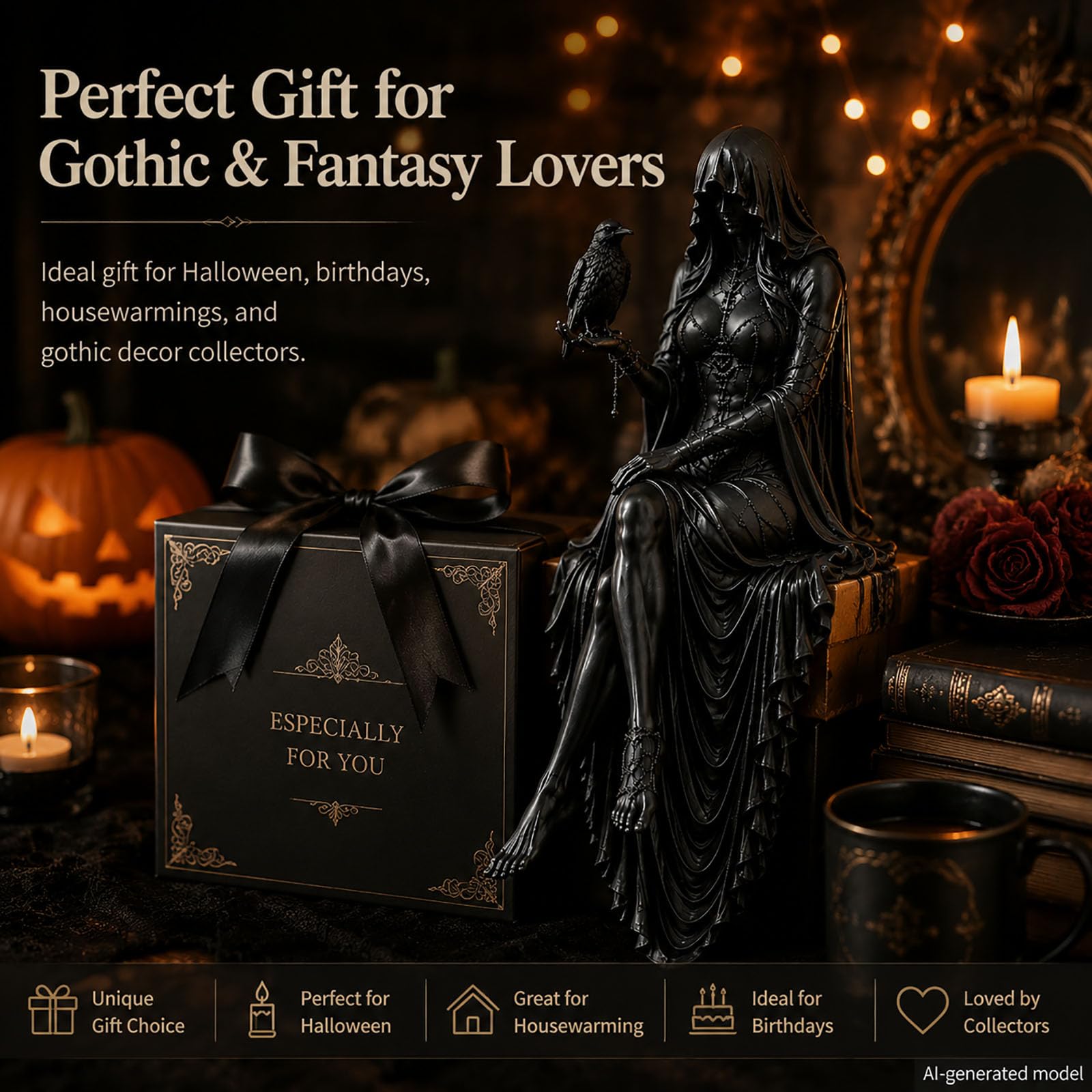 Estatua gótica de niñera de cuervo, estatua gótica de dama oscura con capucha, bruja sosteniendo cuervo, decoraciones de Halloween, figura de mujer sentada, para amantes de la academia oscura (AA#)