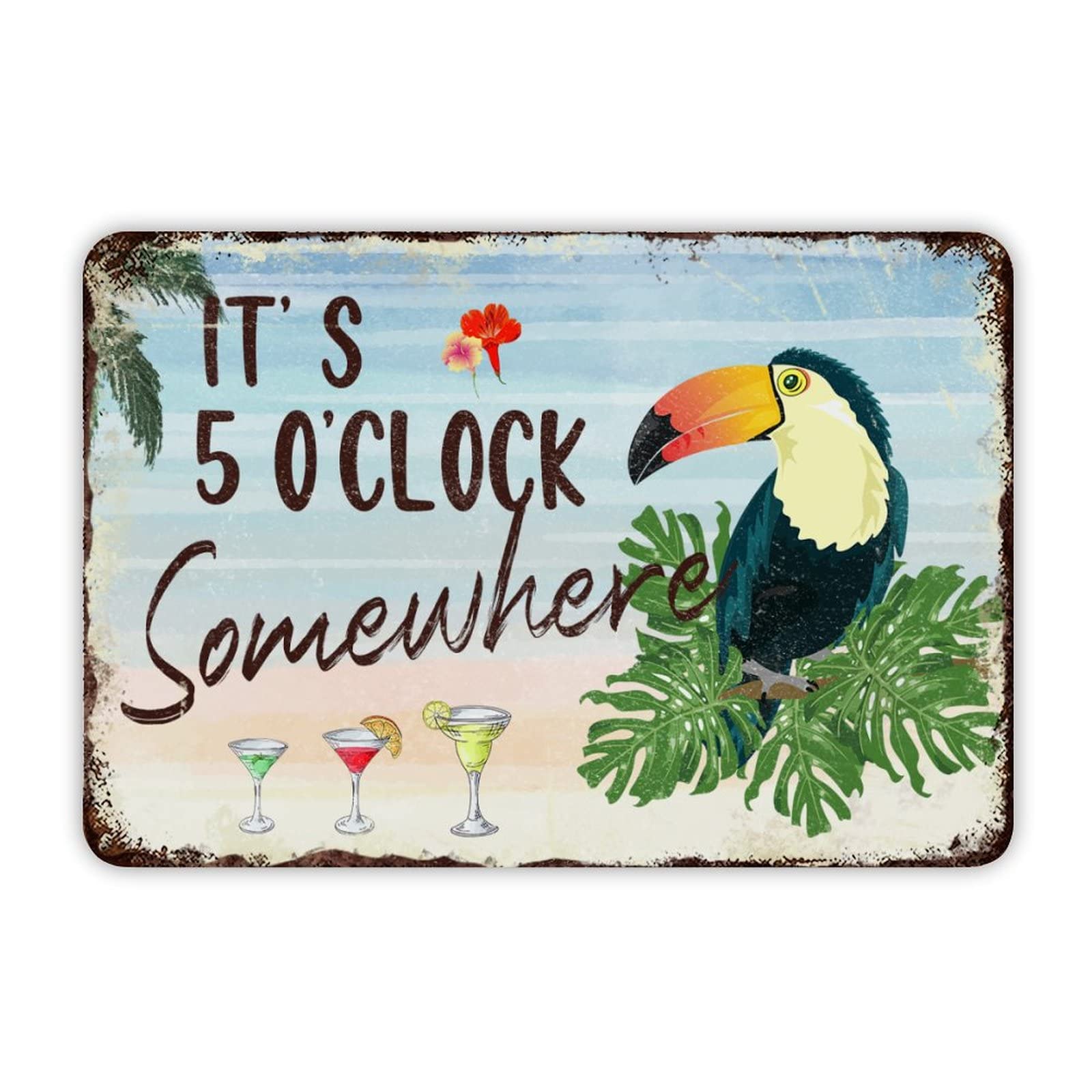 ENEDNATE Tiki Bar Sign It's Five O'clock Somewhere Parrot Metal Tin Sign 12x8 inch Outdoor Happy Hour Pool Beach Hot Tub Rum Time