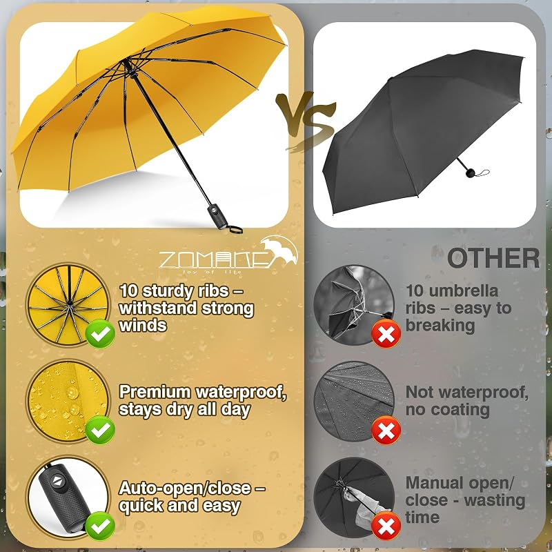 Umbrelă de călătorie compactă, rezistentă la vânt, ZOMAKE, automată, pliabilă, mini umbrelă portabilă de 46 inch, galbenă, pentru bărbați și femei