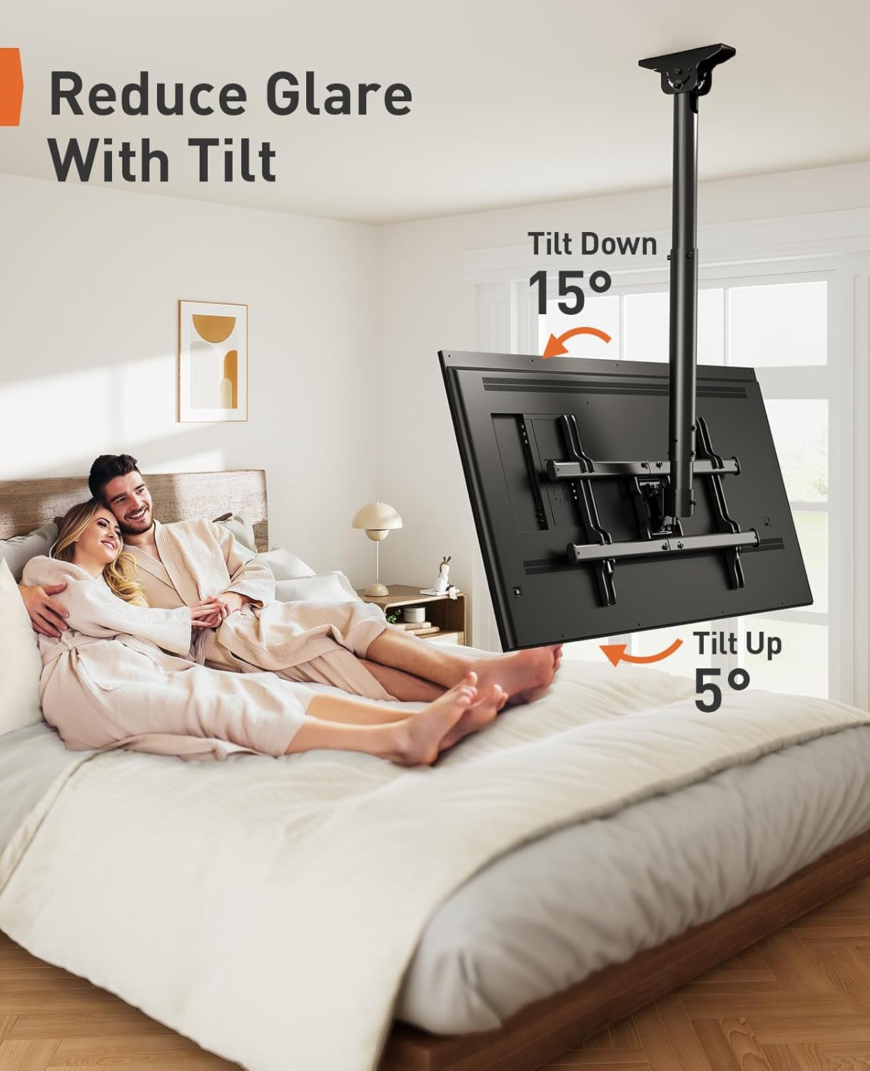 Image showing a TV mounted on the ceiling, demonstrating the tilt functionality with +5 degrees up and -15 degrees down.