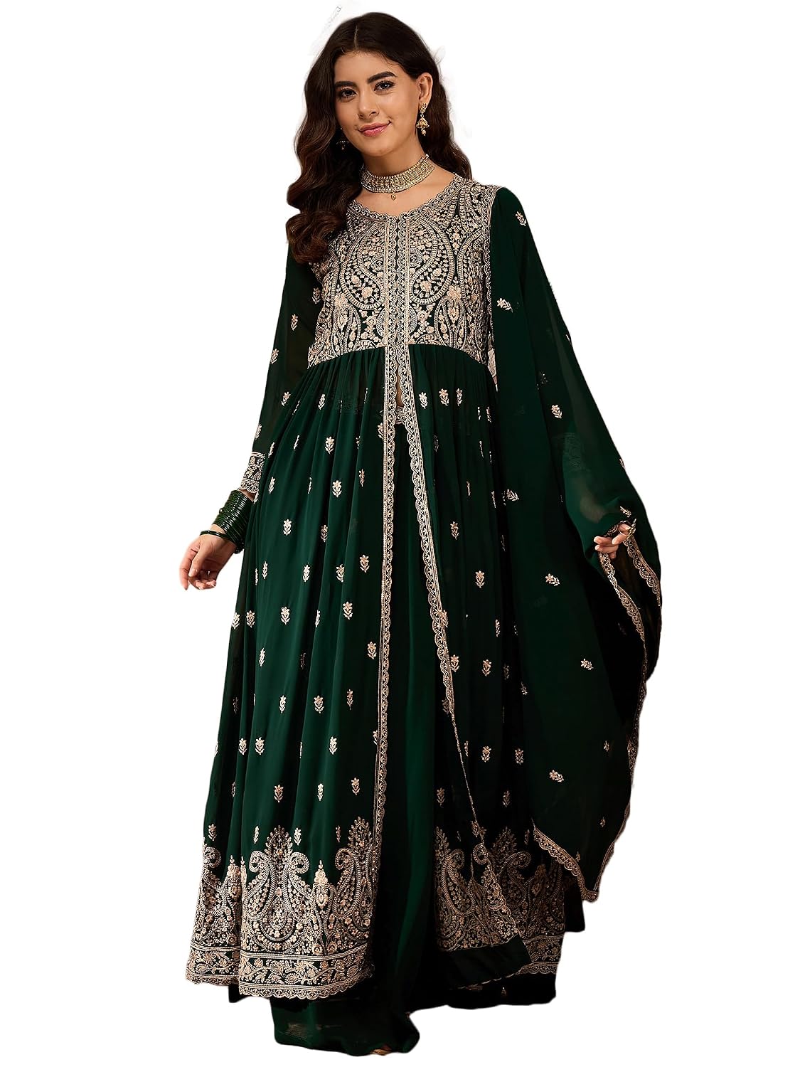 Miss Ethnik Women's Green Faux Georgette Stitched Top With Stitched Faux Georgette Bottom and Faux Georgette Dupatta Full ...