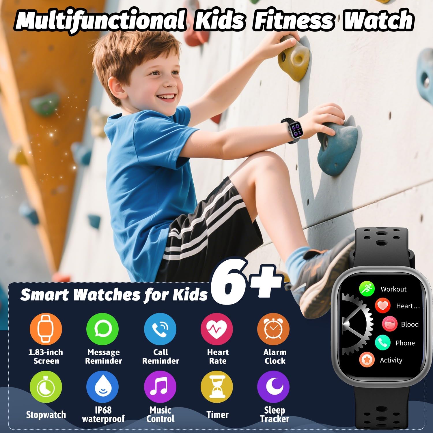 Heroange Kids Smart Watch for Girls Boys,IP68 Waterproof Kids Fitness Tracker Watch with 1.83" Face,Heart Rate Sleep Monitor,19 Sport Modes,Puzzle Games with APP,Great Gifts for Teens 6+ (Black)